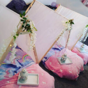 Girls themed sleepover party setup